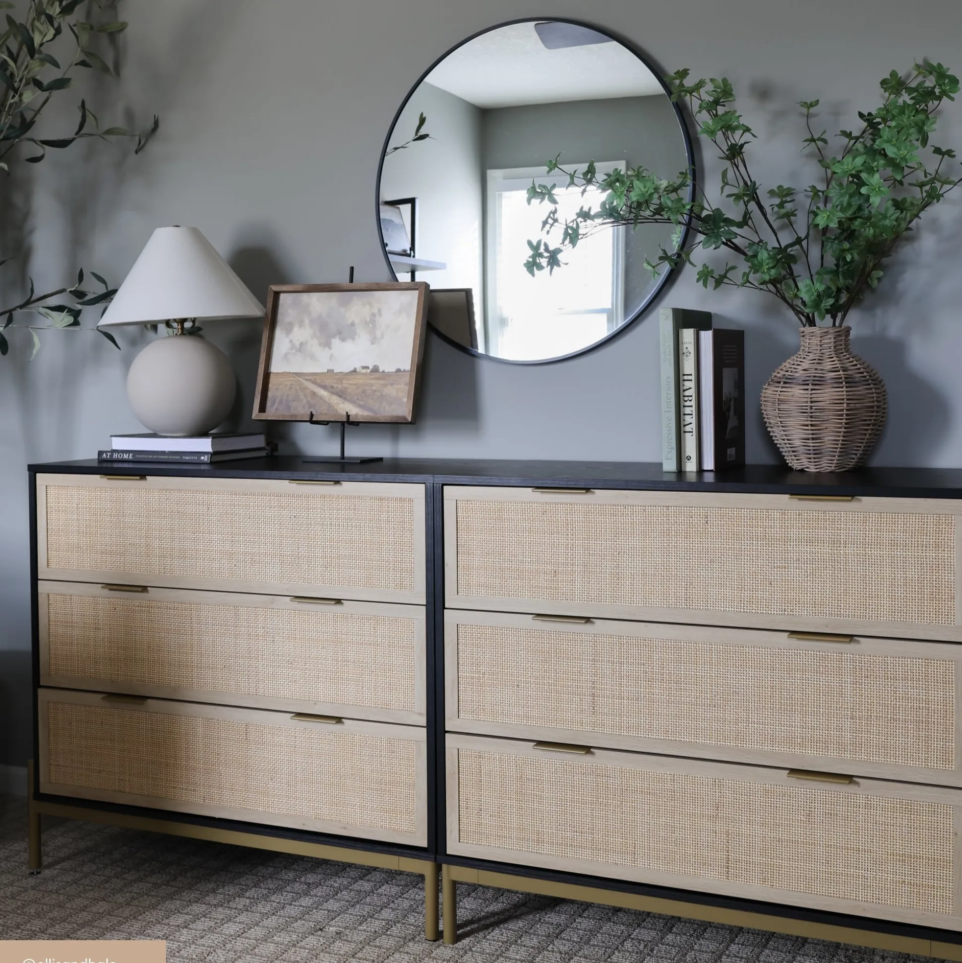Rattan, Wood & Metal 3-Drawer Dressers Black (Set of 2)