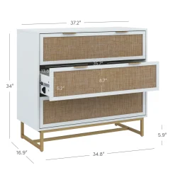Rattan, Wood & Metal 3-Drawer Dresser White