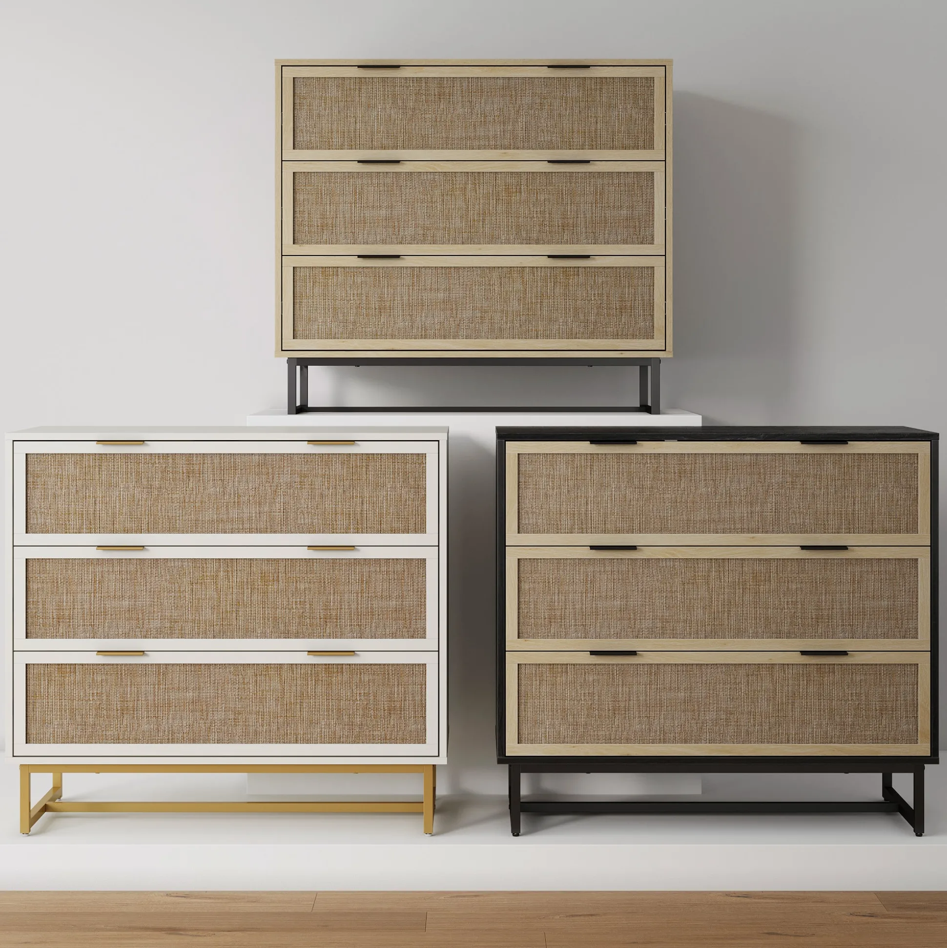 Rattan, Wood & Metal 3-Drawer Dressers White (Set of 2)