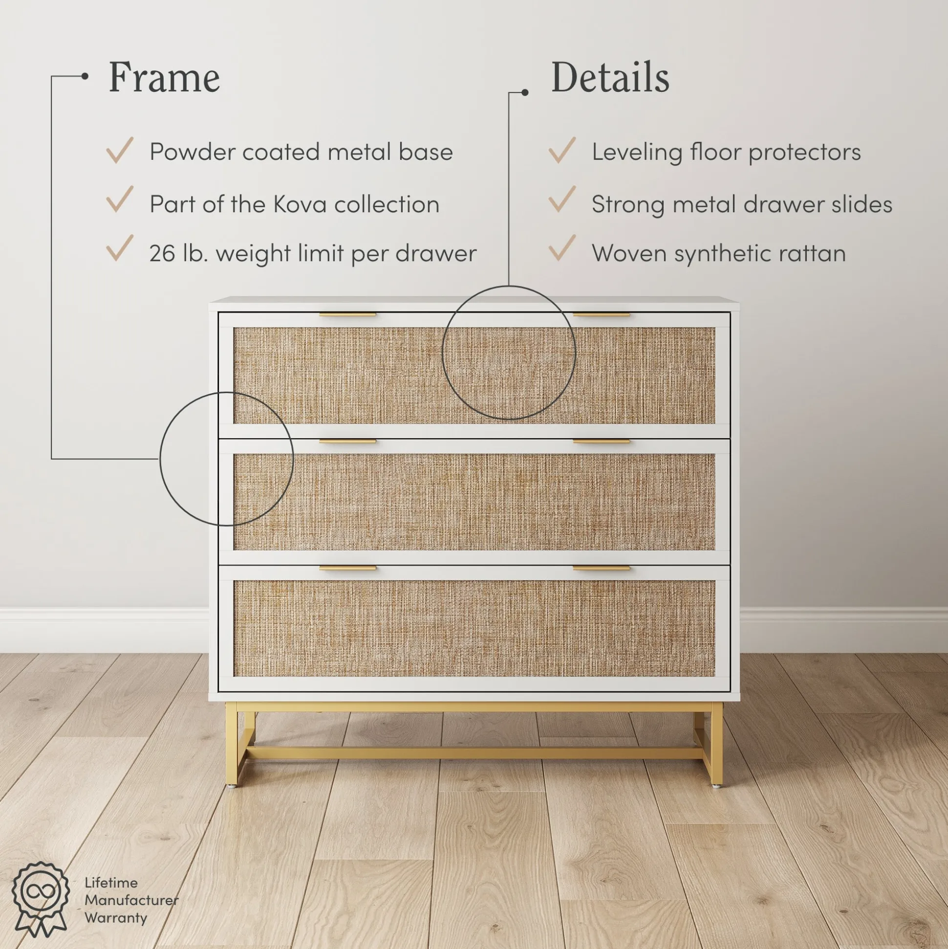 Rattan, Wood & Metal 3-Drawer Dressers White (Set of 2)