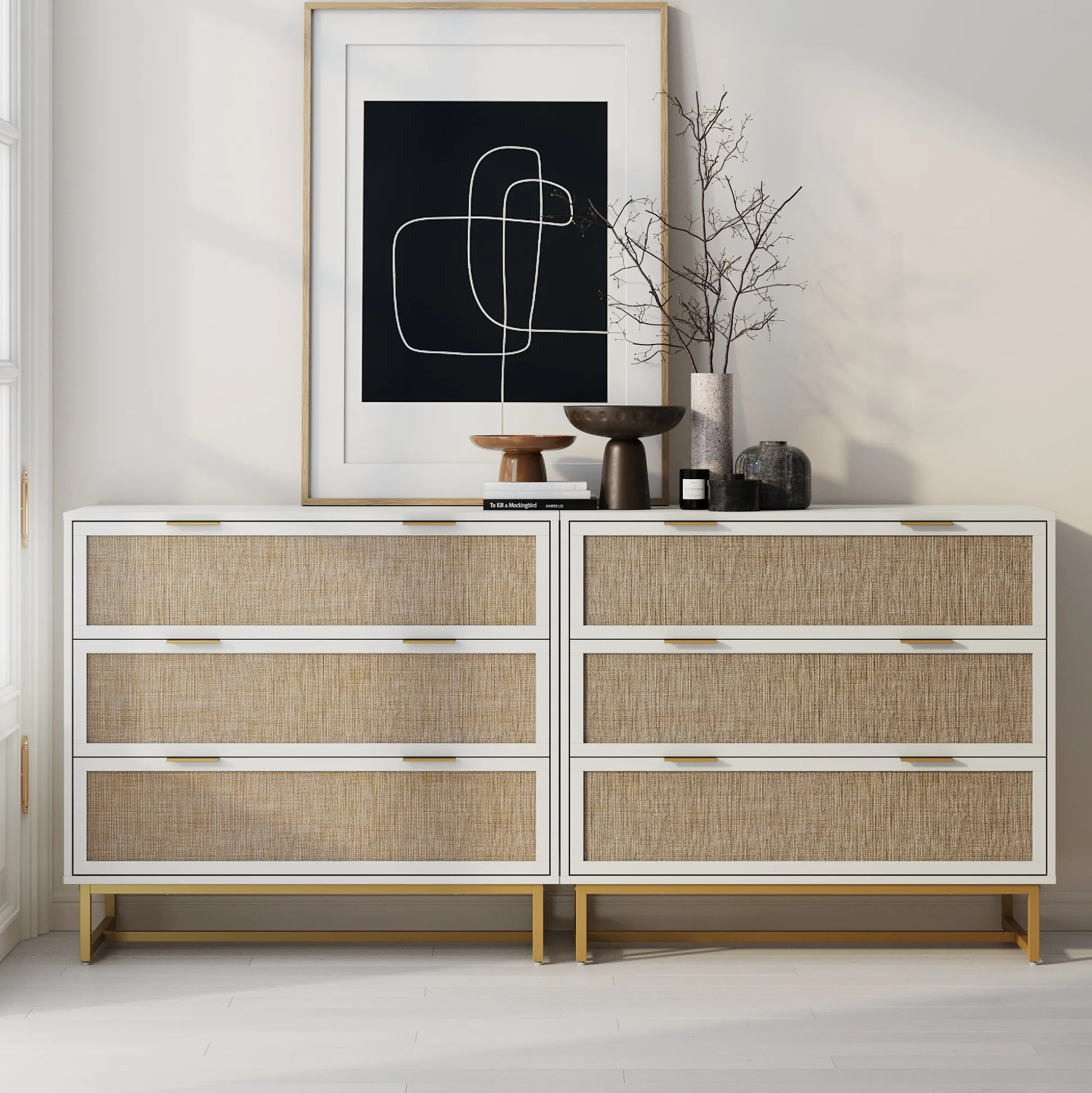 Rattan, Wood & Metal 3-Drawer Dressers White (Set of 2)