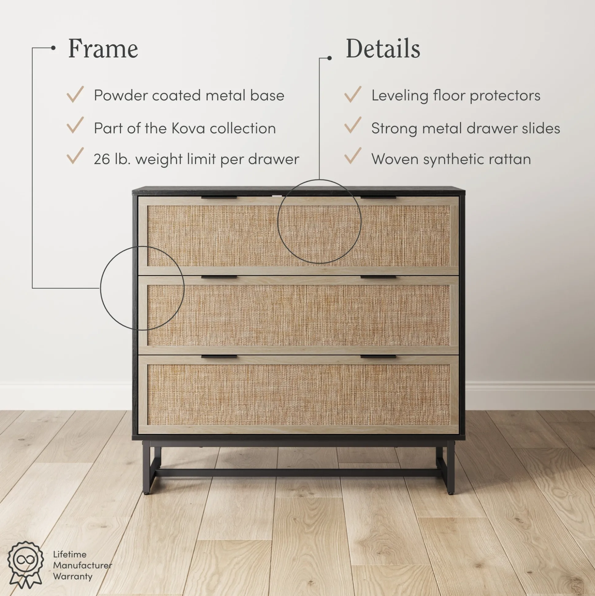 Rattan, Wood & Metal 3-Drawer Dresser Black