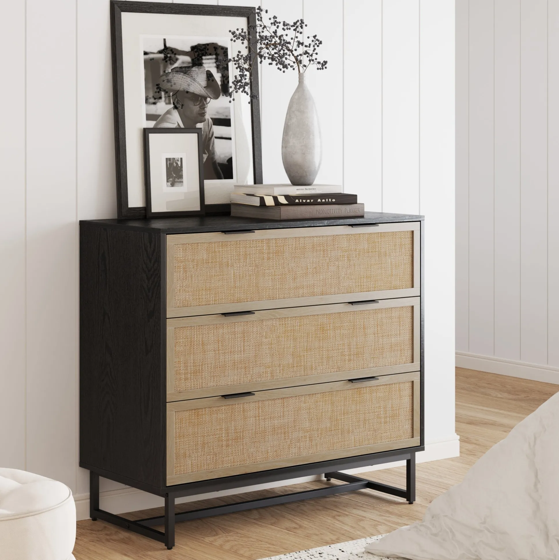 Rattan, Wood & Metal 3-Drawer Dresser Black