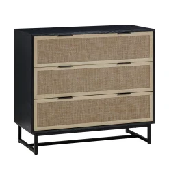 Rattan, Wood & Metal 3-Drawer Dresser Black