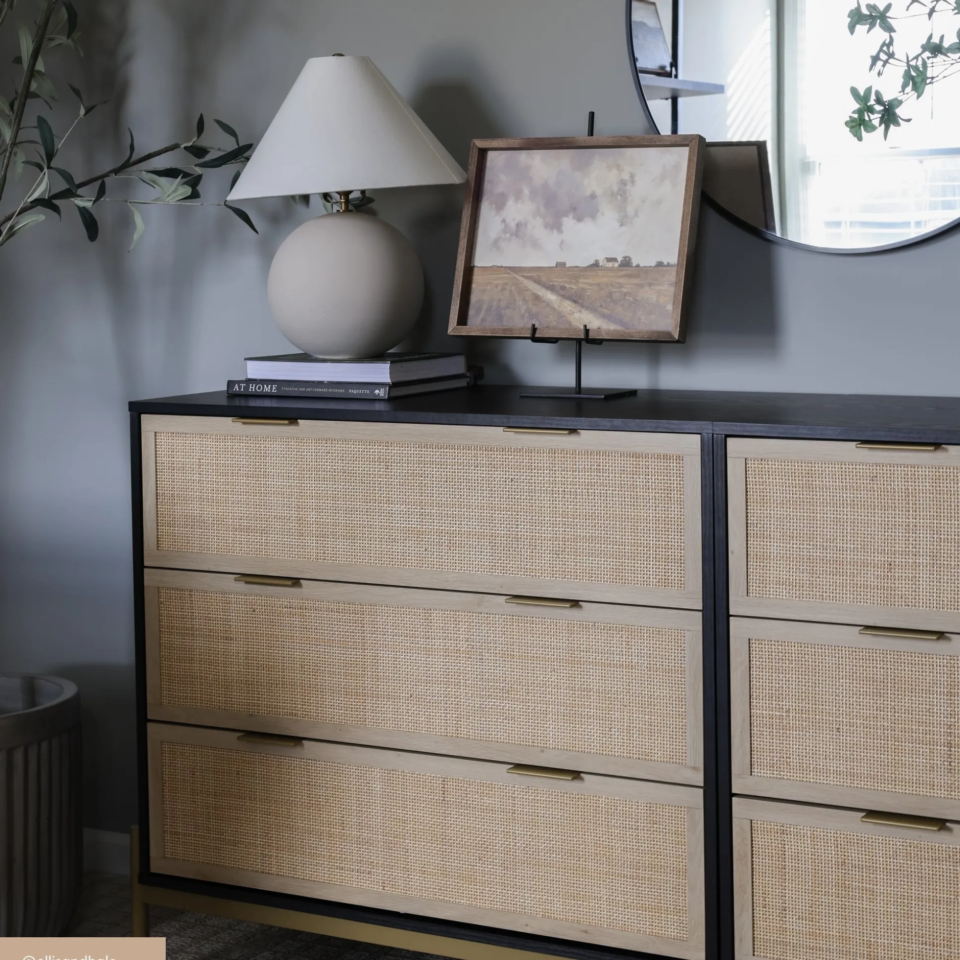Rattan, Wood & Metal 3-Drawer Dresser Black