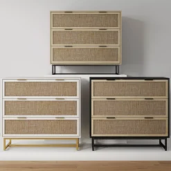 Rattan, Wood & Metal 3-Drawer Dresser Black