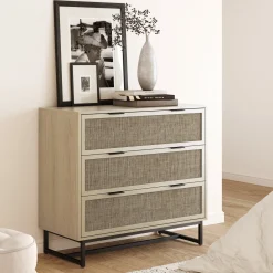 Rattan, Wood & Metal 3-Drawer Dresser Light Oak
