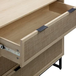 Rattan, Wood & Metal 3-Drawer Dresser Light Oak
