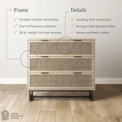 Rattan, Wood & Metal 3-Drawer Dresser Light Oak