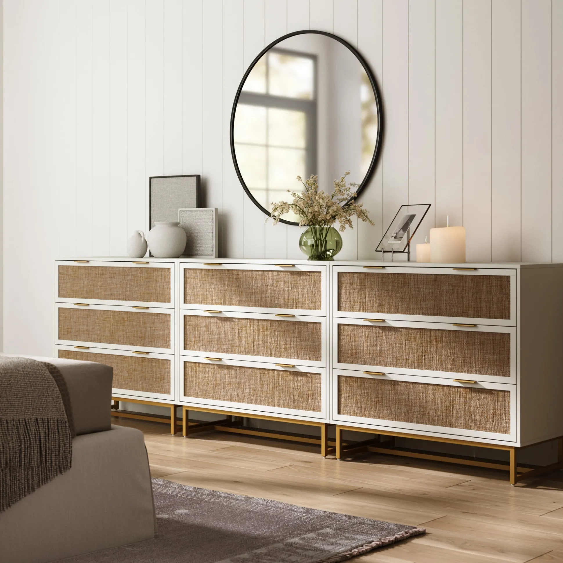 Rattan, Wood & Metal 3-Drawer Dressers White (Set of 3)