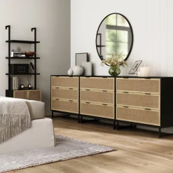 Rattan, Wood & Metal 3-Drawer Dressers Black (Set of 3)
