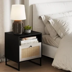 Rattan & Wood Nightstands Black (Set of 2)