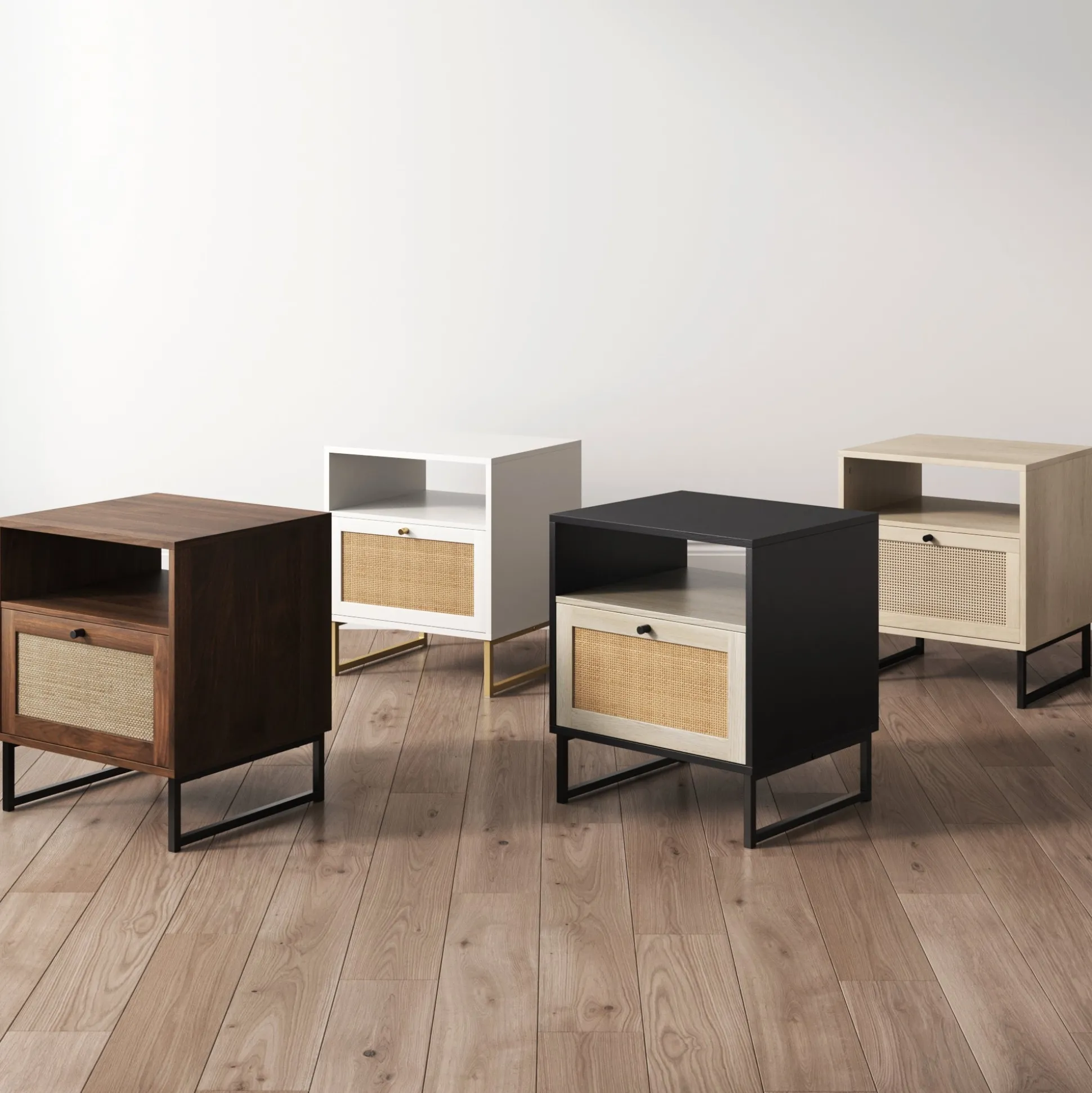 Rattan & Wood Storage Nightstands Walnut (Set of 2)