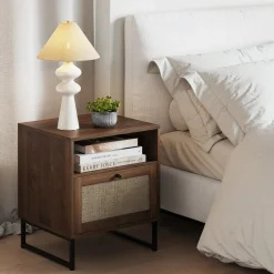 Rattan & Wood Storage Nightstands Walnut (Set of 2)