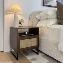 Rattan & Wood Storage Nightstands Walnut (Set of 2)