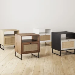 Rattan & Wood Storage Nightstands Oak (Set of 2)