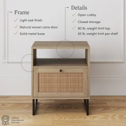 Rattan & Wood Storage Nightstands Oak (Set of 2)