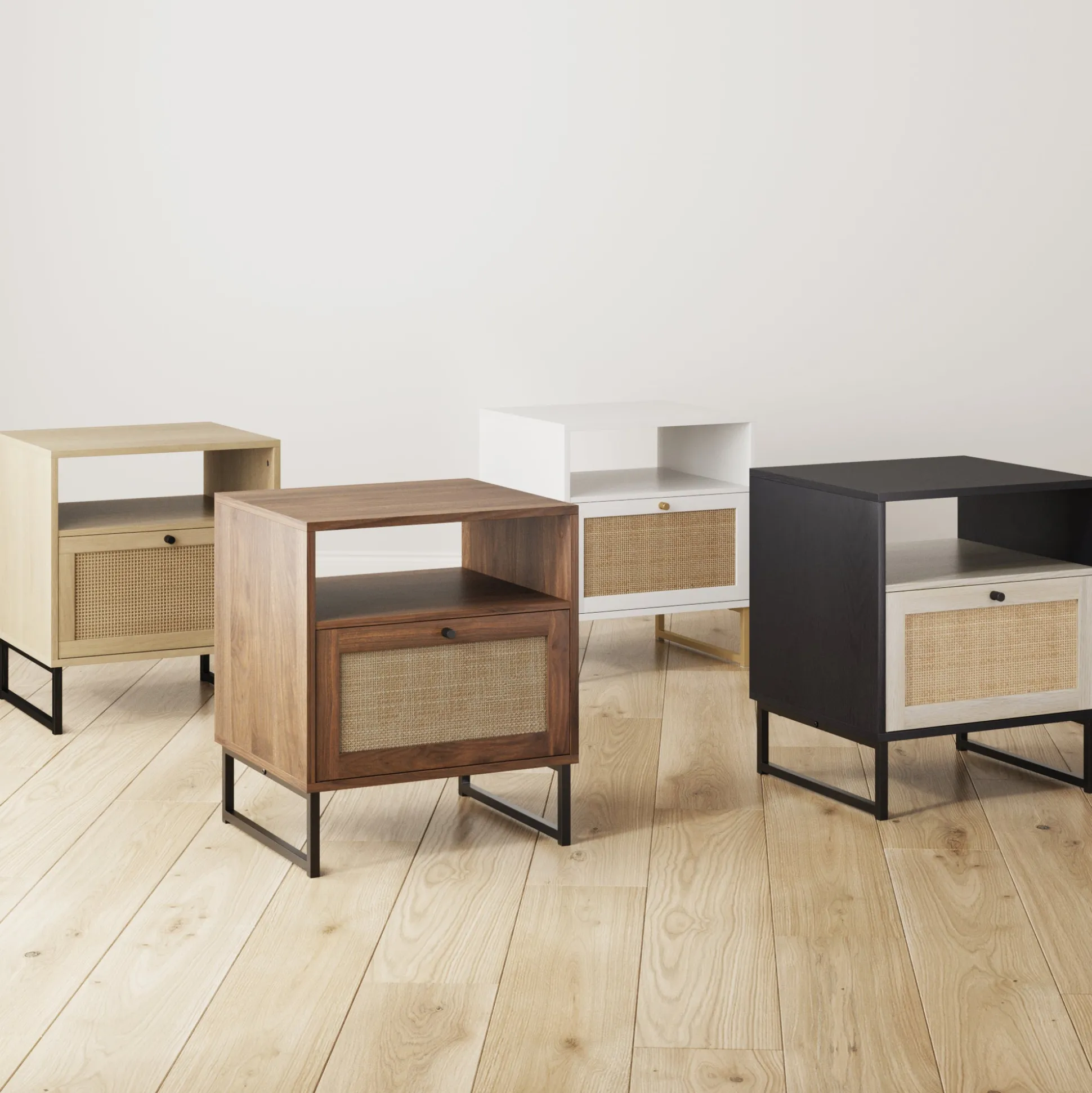 Rattan & Wood Storage Nightstand Light Oak