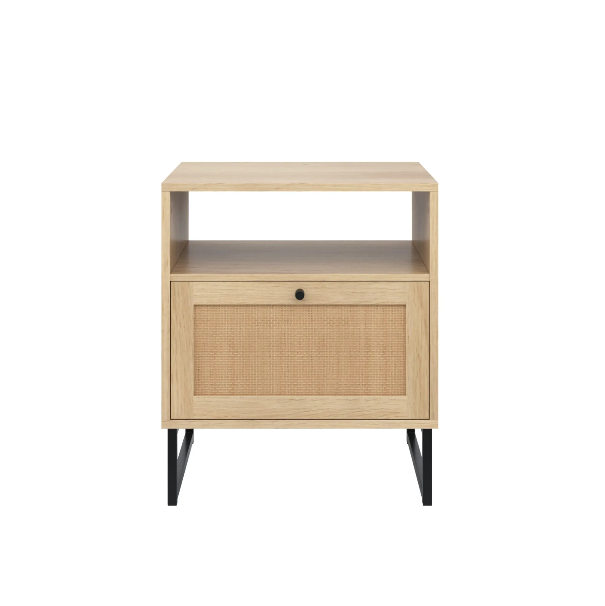 Rattan & Wood Storage Nightstand Light Oak