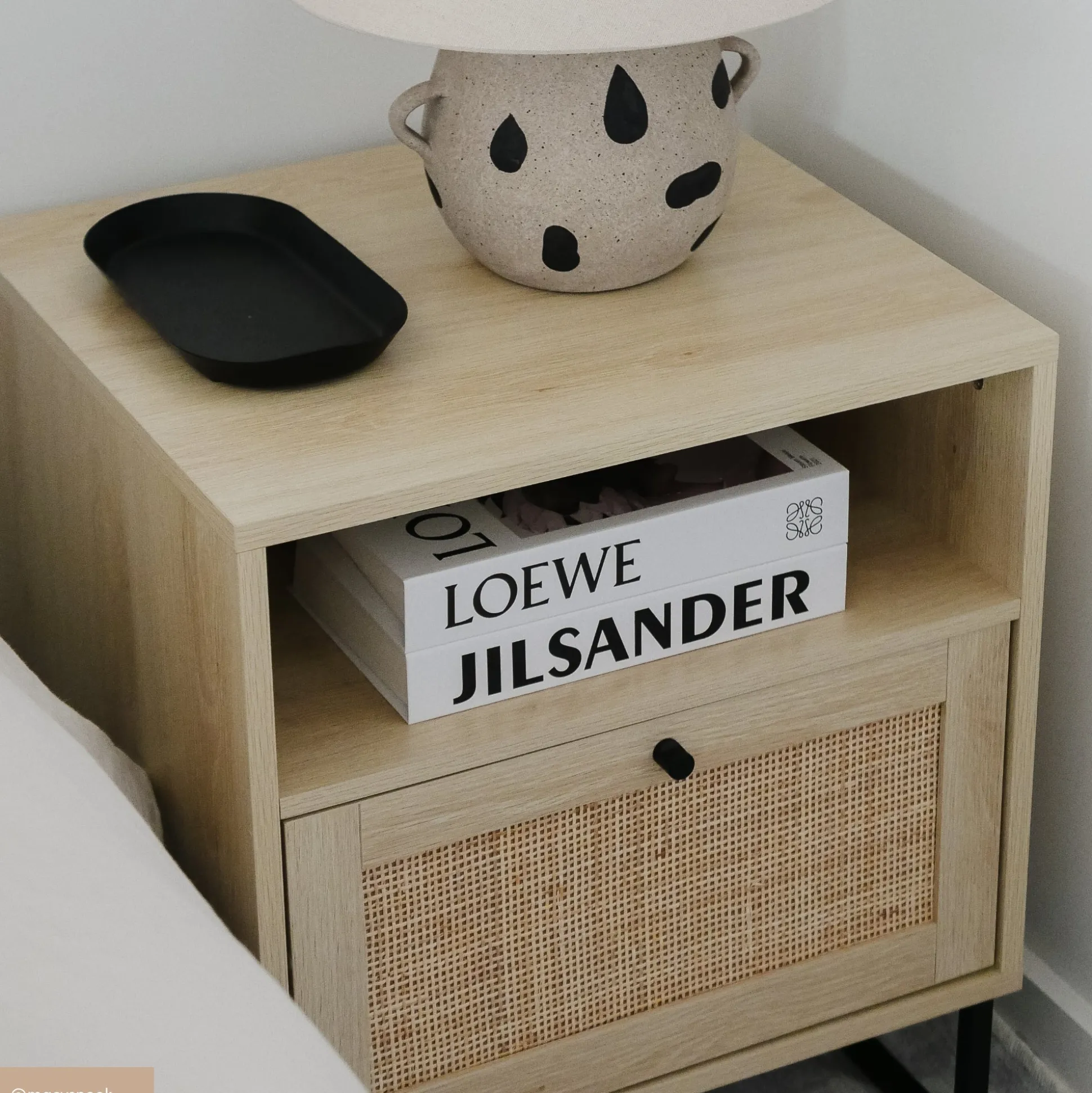 Rattan & Wood Storage Nightstand Light Oak