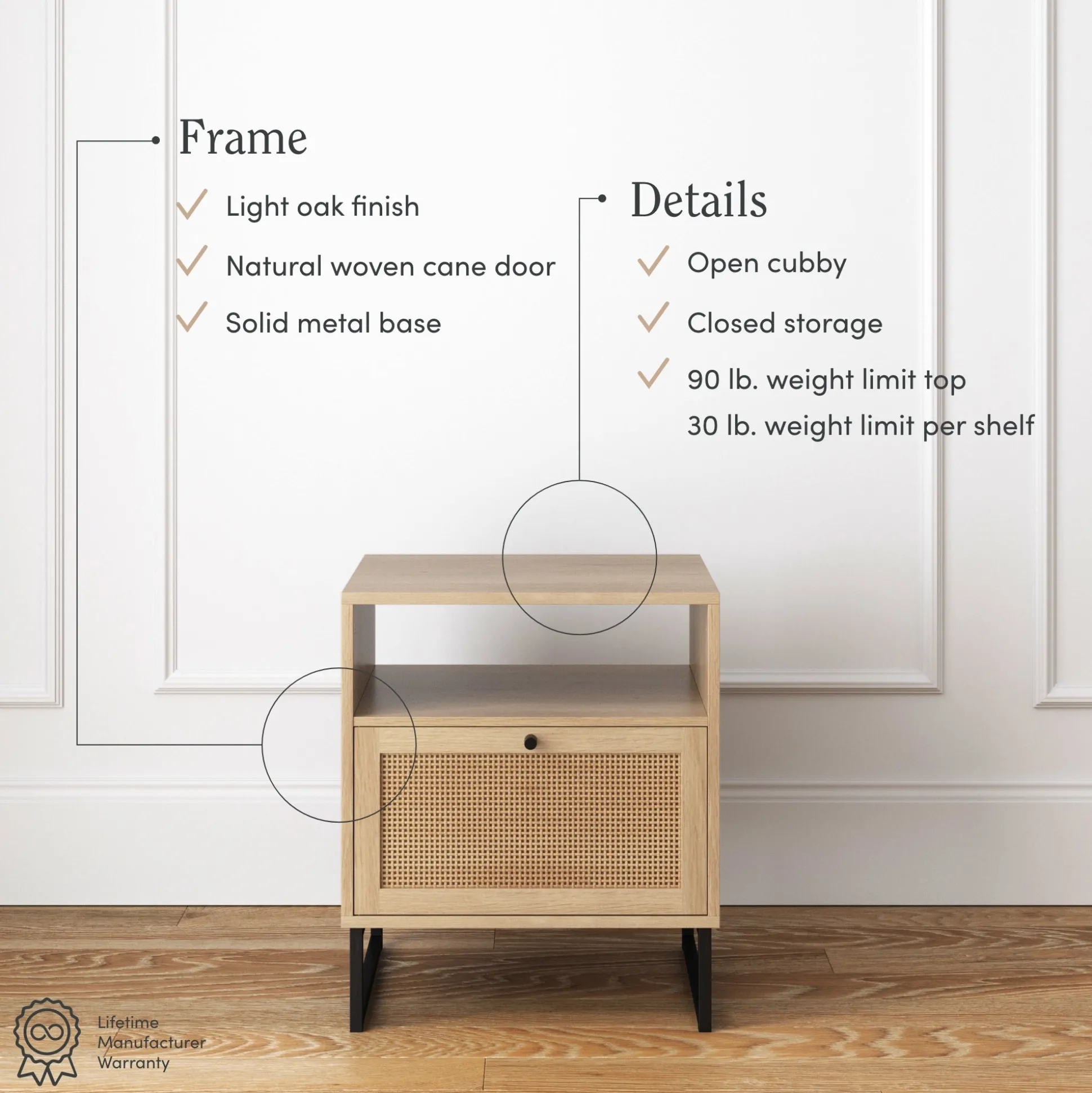 Rattan & Wood Storage Nightstand Light Oak