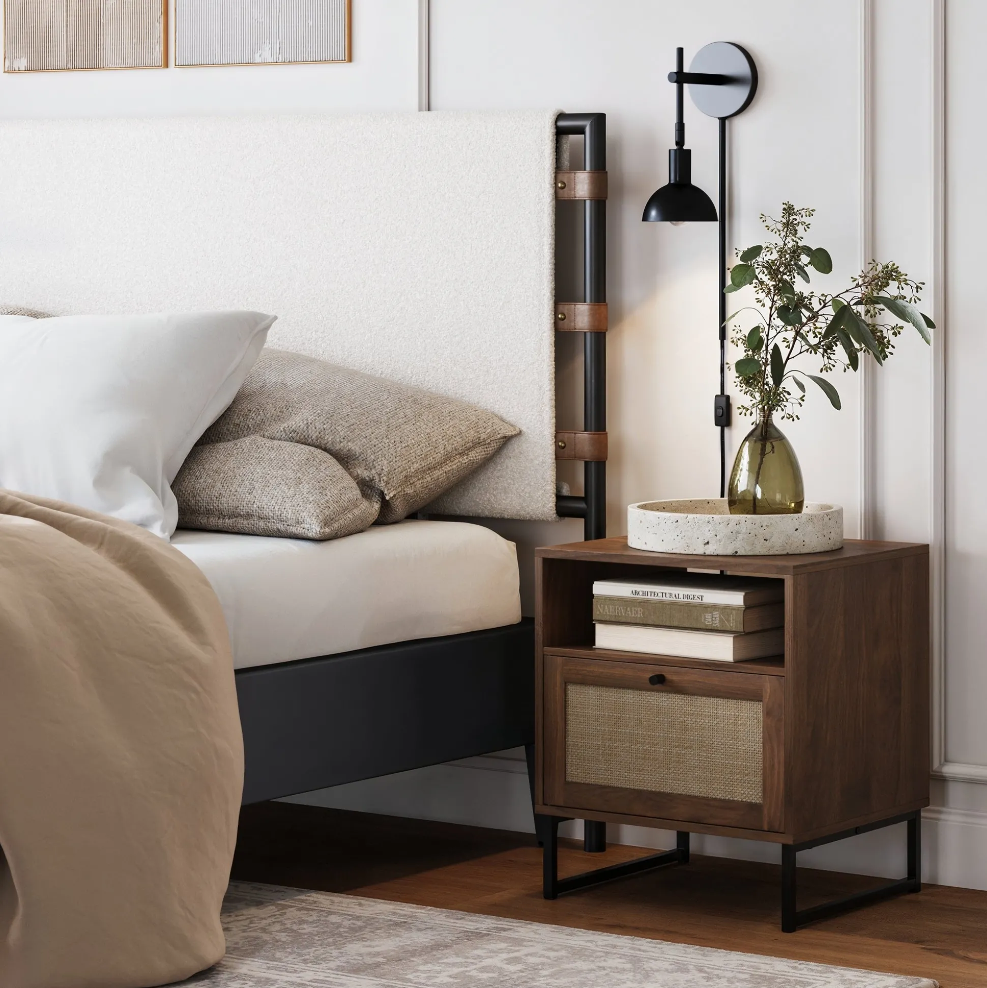 Rattan & Wood Storage Nightstand Walnut