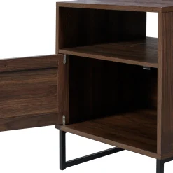 Rattan & Wood Storage Nightstand Walnut
