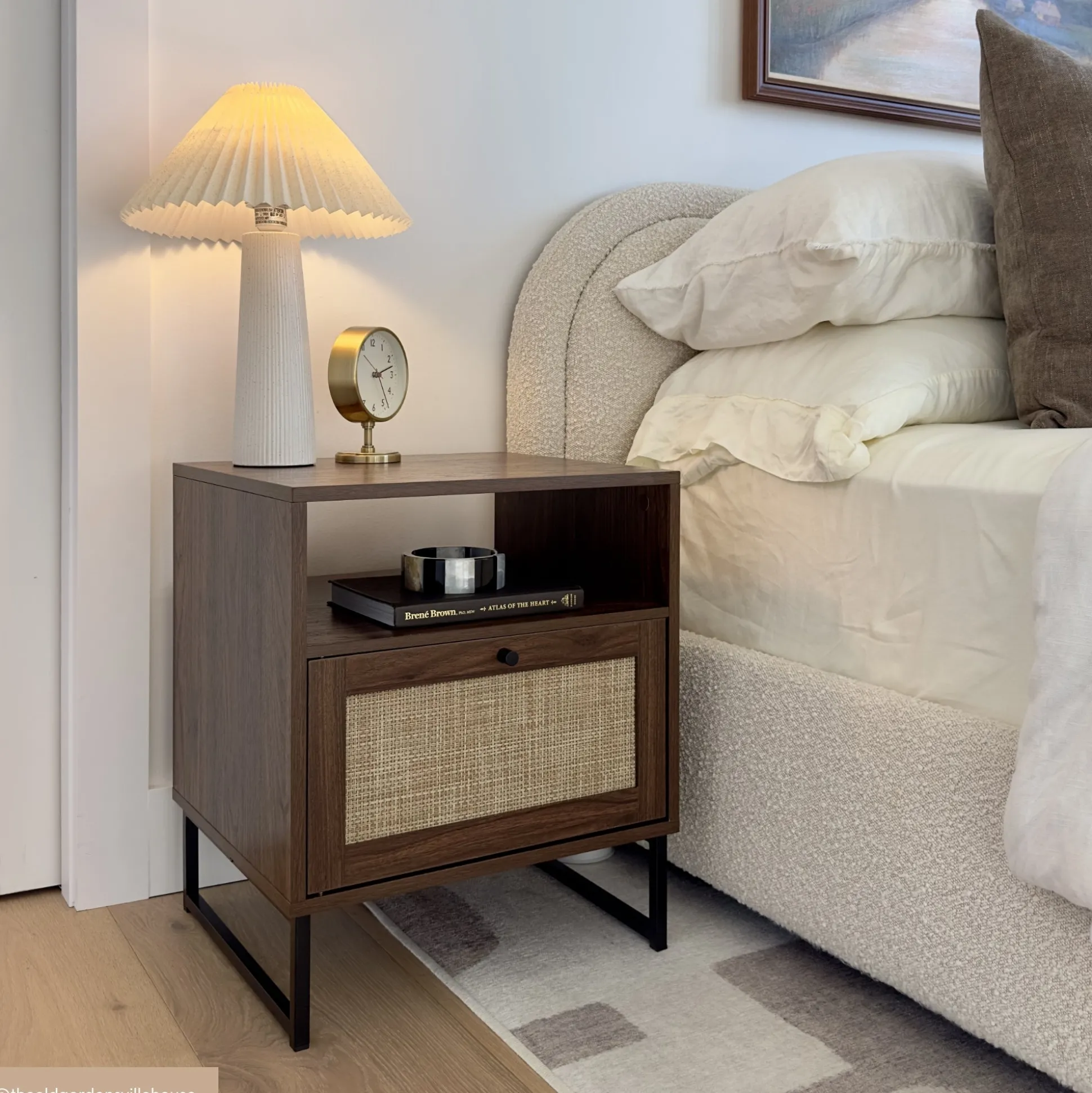 Rattan & Wood Storage Nightstand Walnut