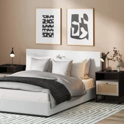 Rattan & Wood Storage Nightstand Black