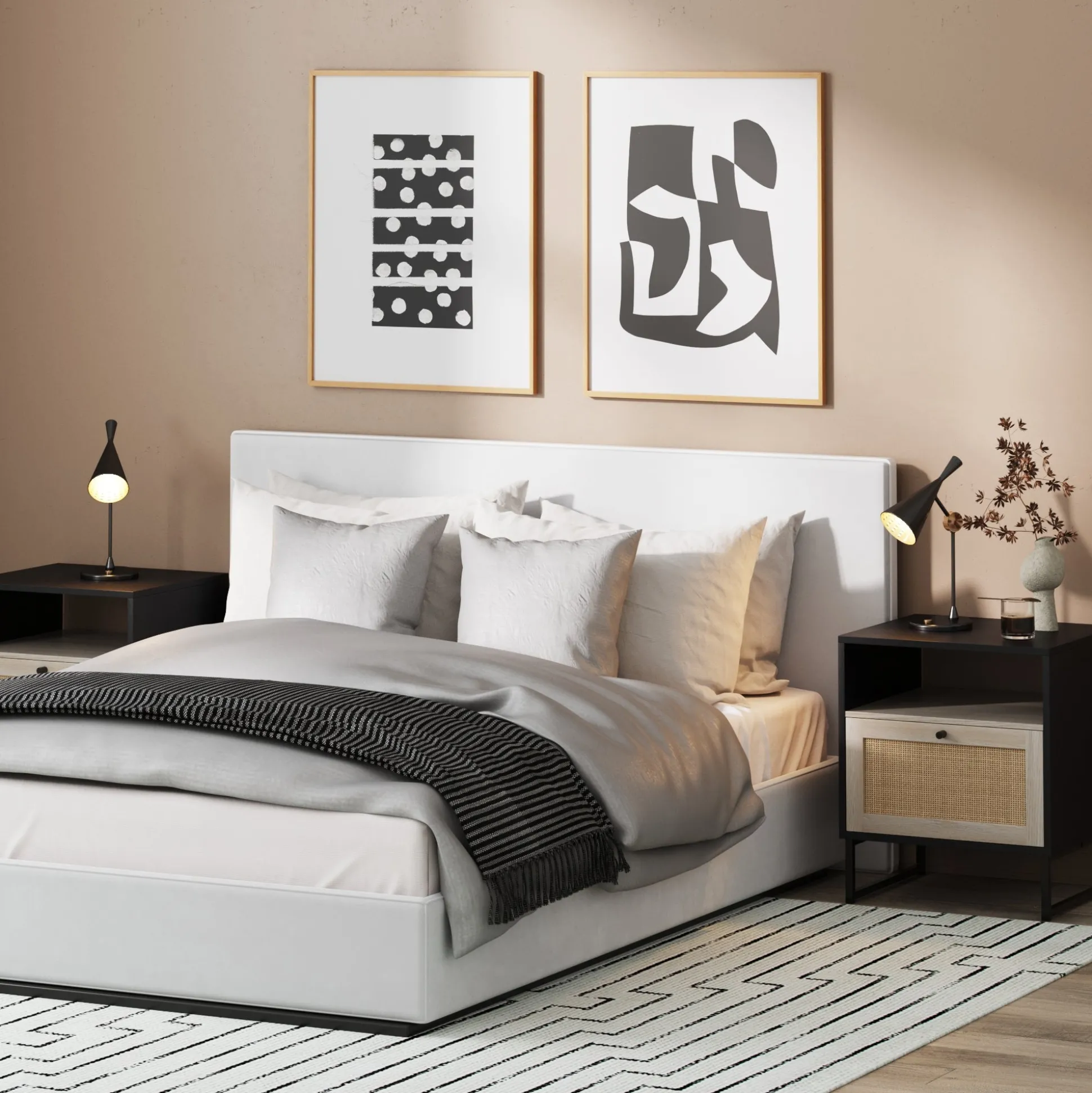 Rattan & Wood Storage Nightstand Black