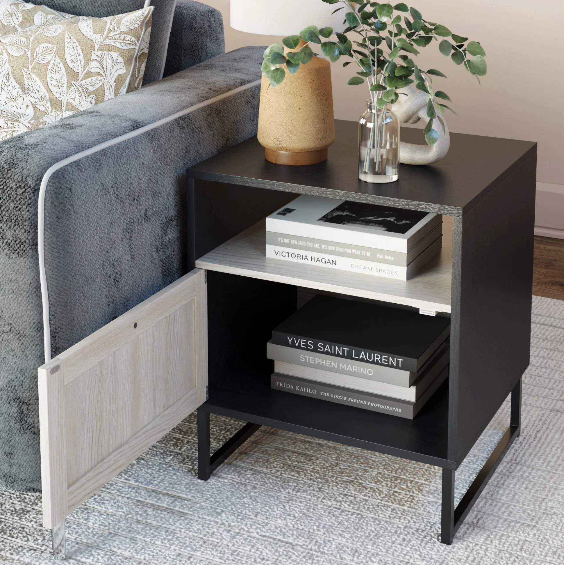Rattan & Wood Storage Nightstand Black