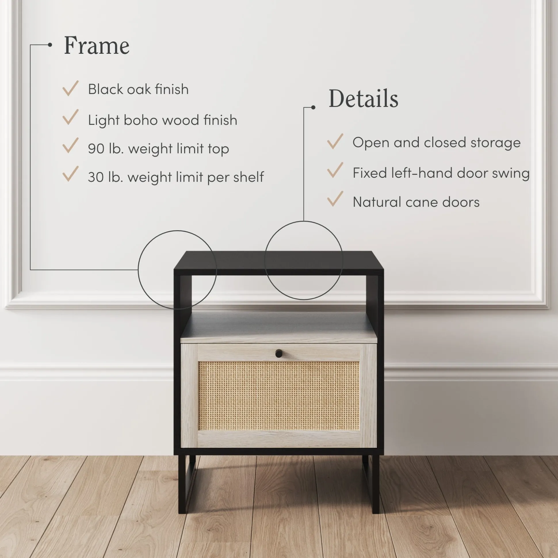 Rattan & Wood Storage Nightstand Black
