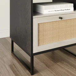 Rattan & Wood Storage Nightstand Black