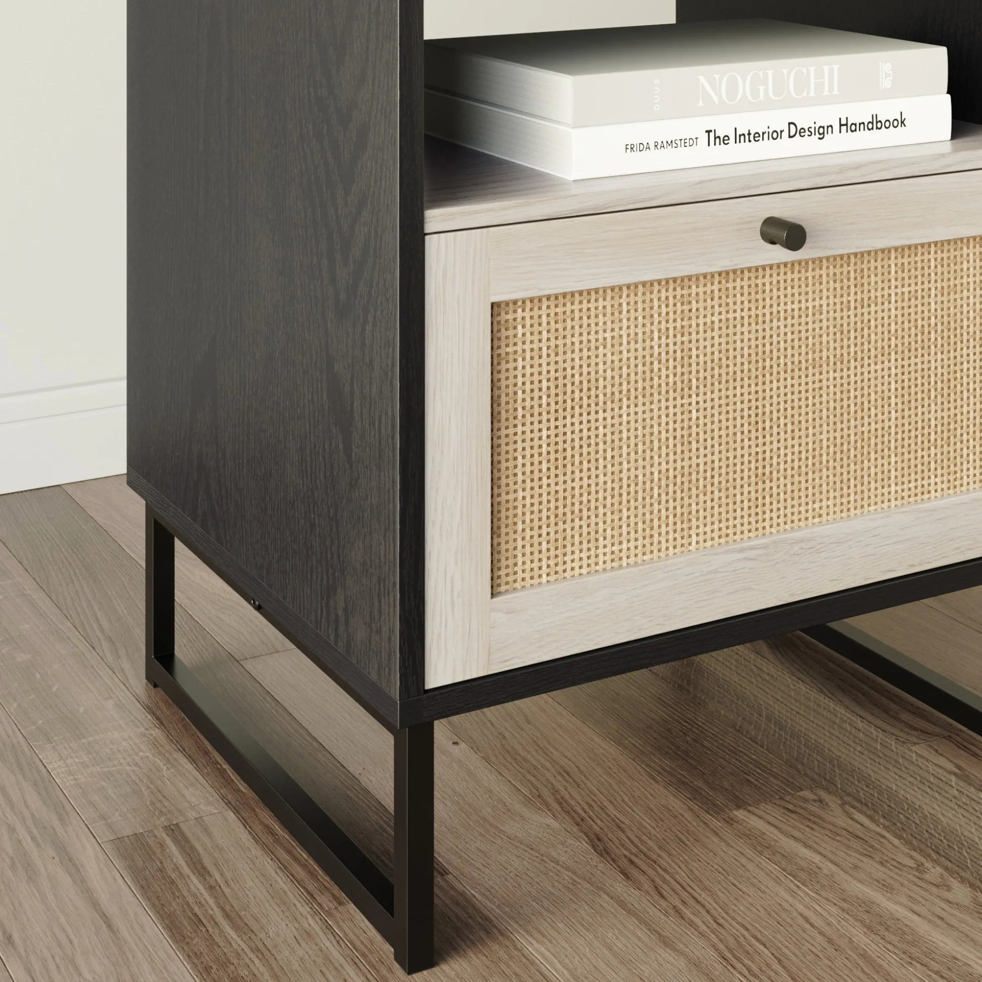 Rattan & Wood Storage Nightstand Black