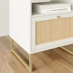 Rattan & Wood Storage Nightstand White