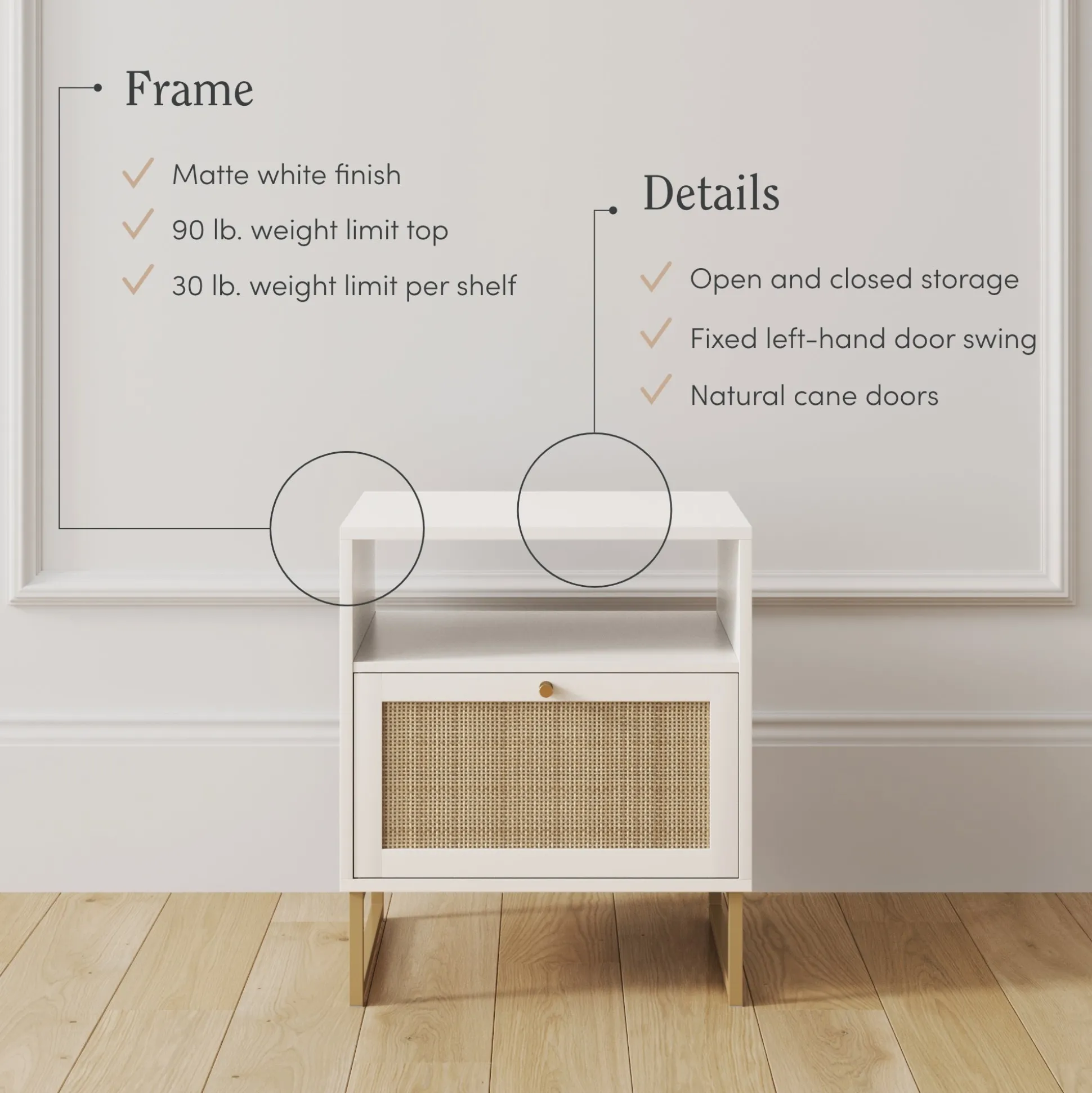 Rattan & Wood Storage Nightstand White