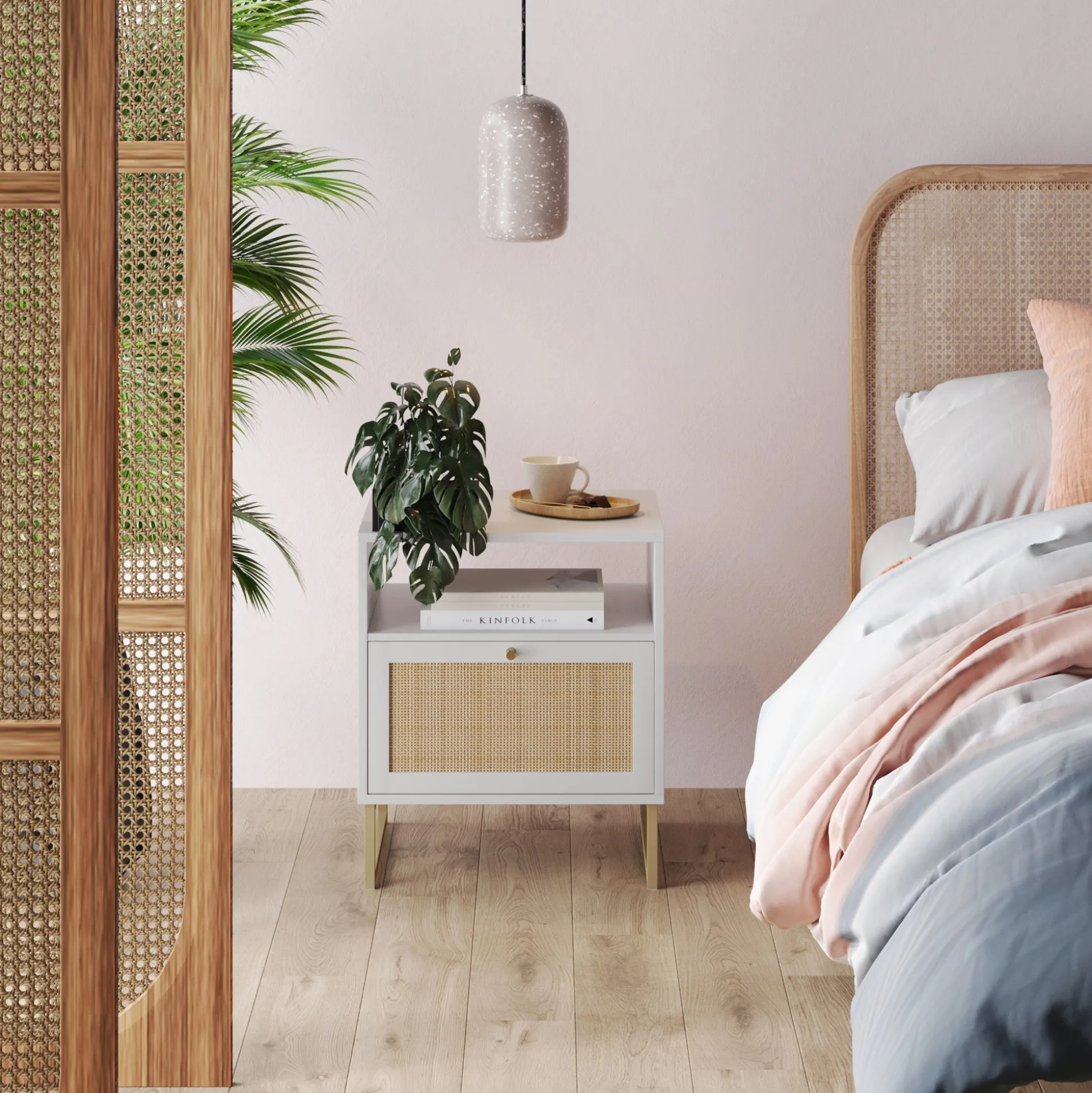 Rattan & Wood Storage Nightstand White