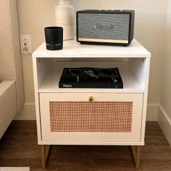 Rattan & Wood Storage Nightstand White