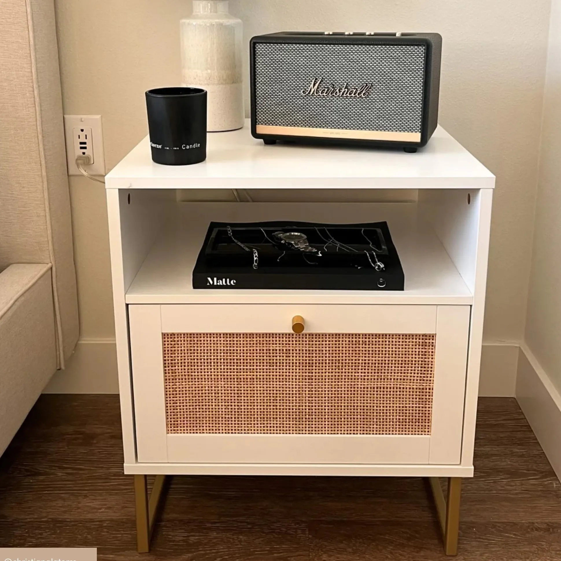 Rattan & Wood Storage Nightstand White