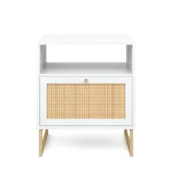 Rattan & Wood Storage Nightstand White