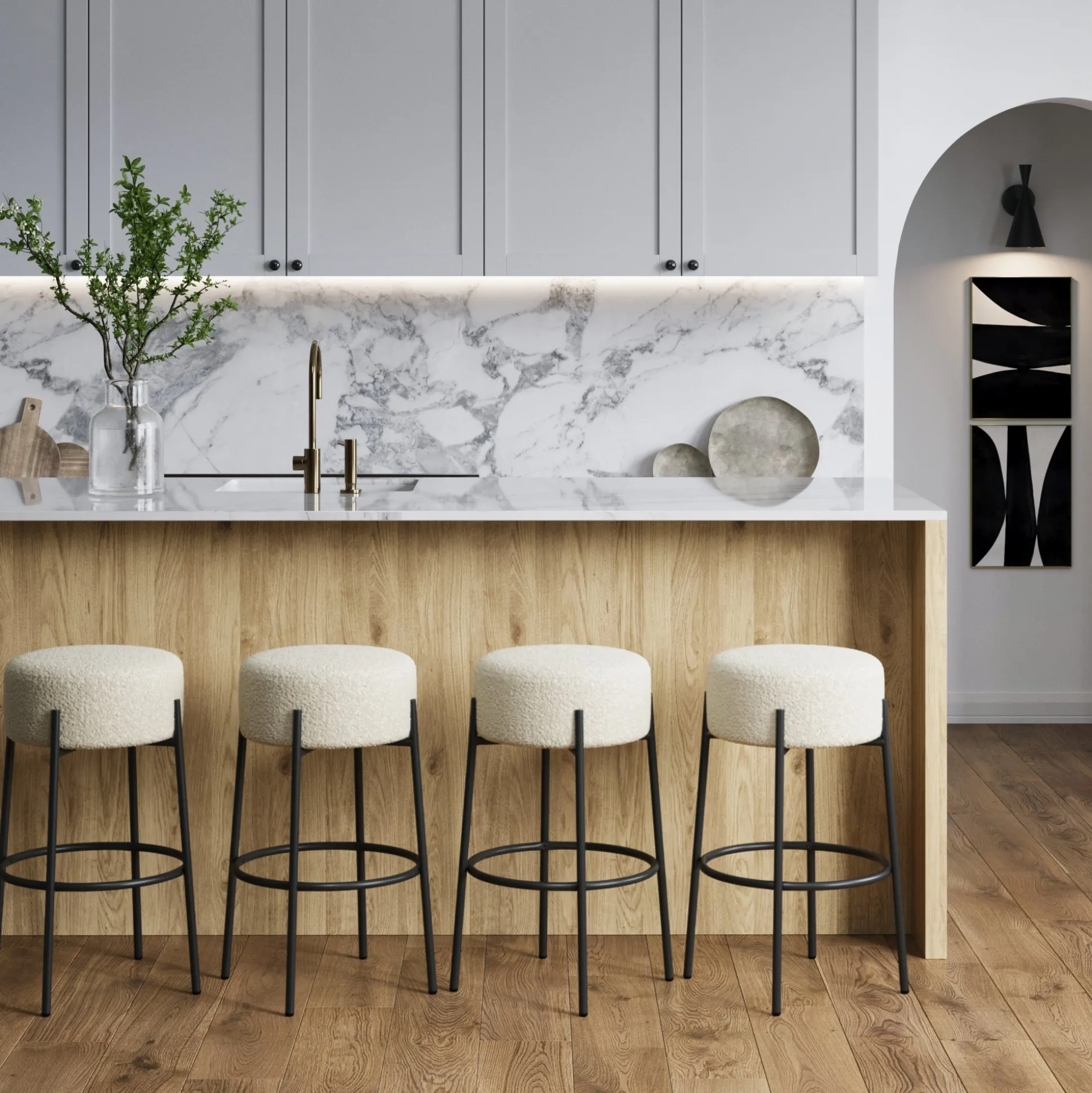 Round Boucle Backless Bar Stools (Set of 4)