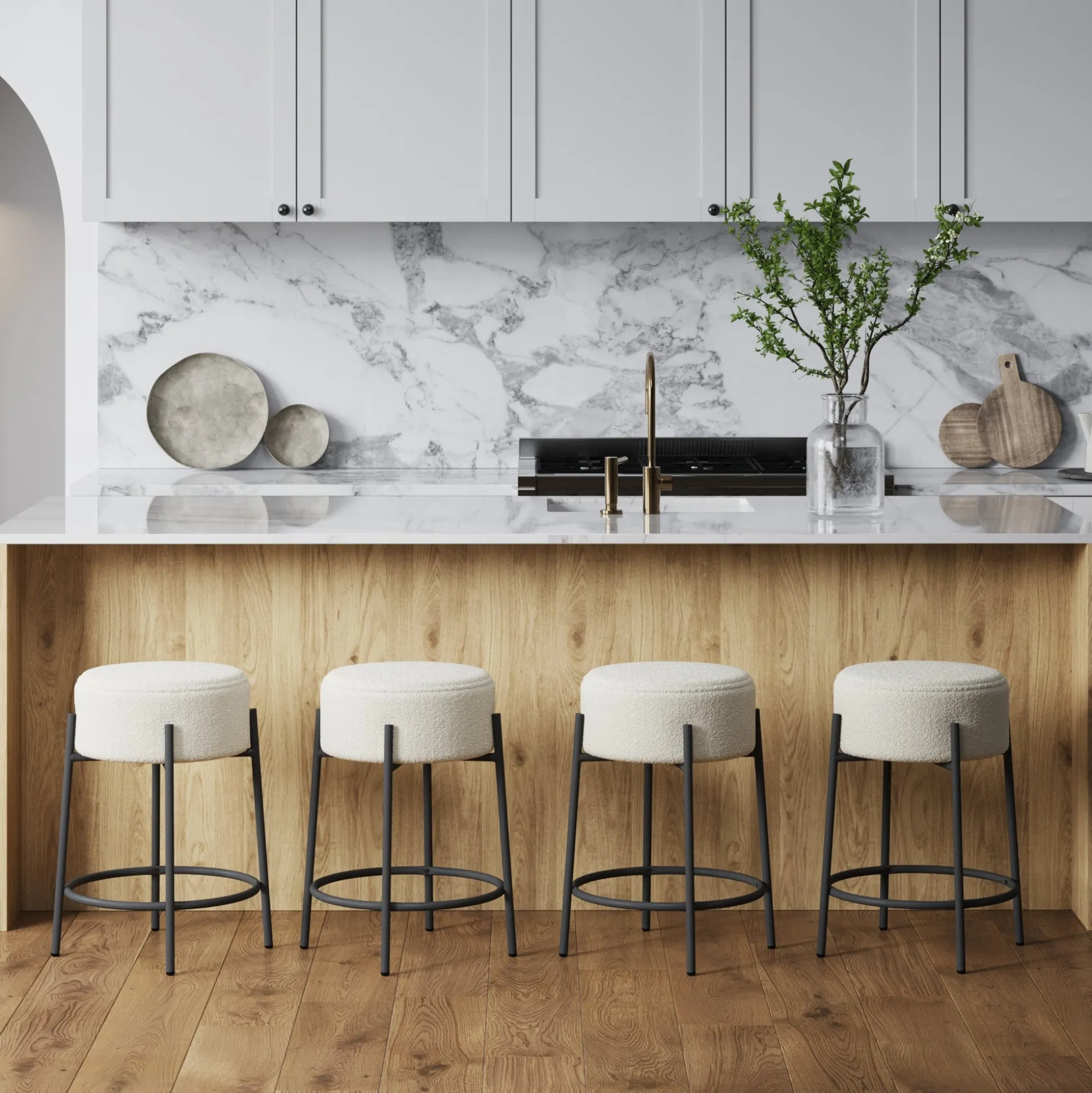 Round Boucle Backless Counter Height Bar Stools (Set of 4)