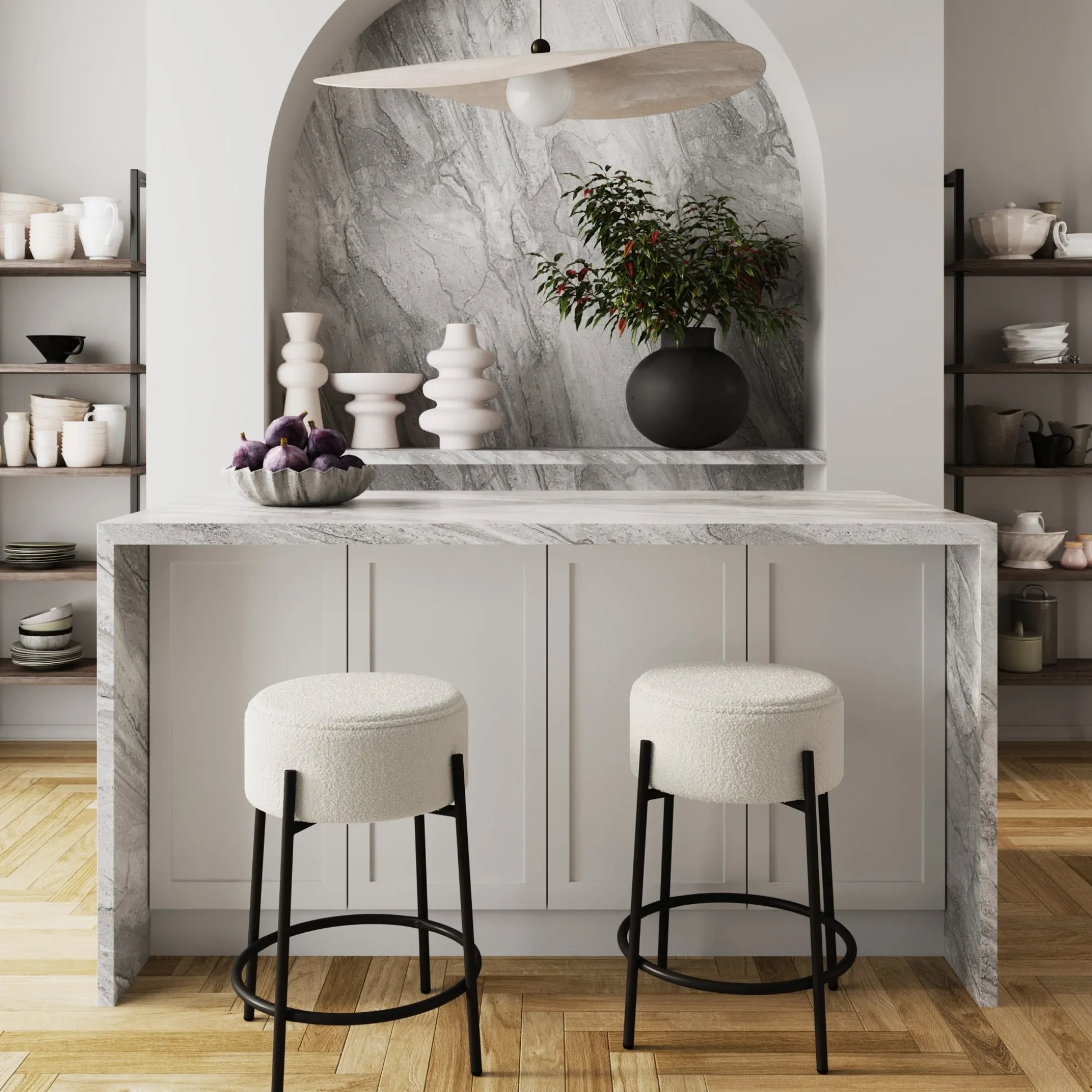 Round Boucle Backless Counter Height Bar Stools (Set of 2)