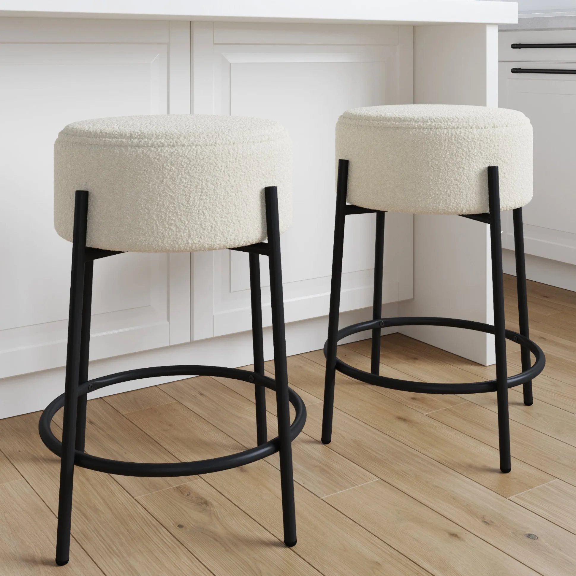 Round Boucle Backless Counter Height Bar Stools (Set of 2)