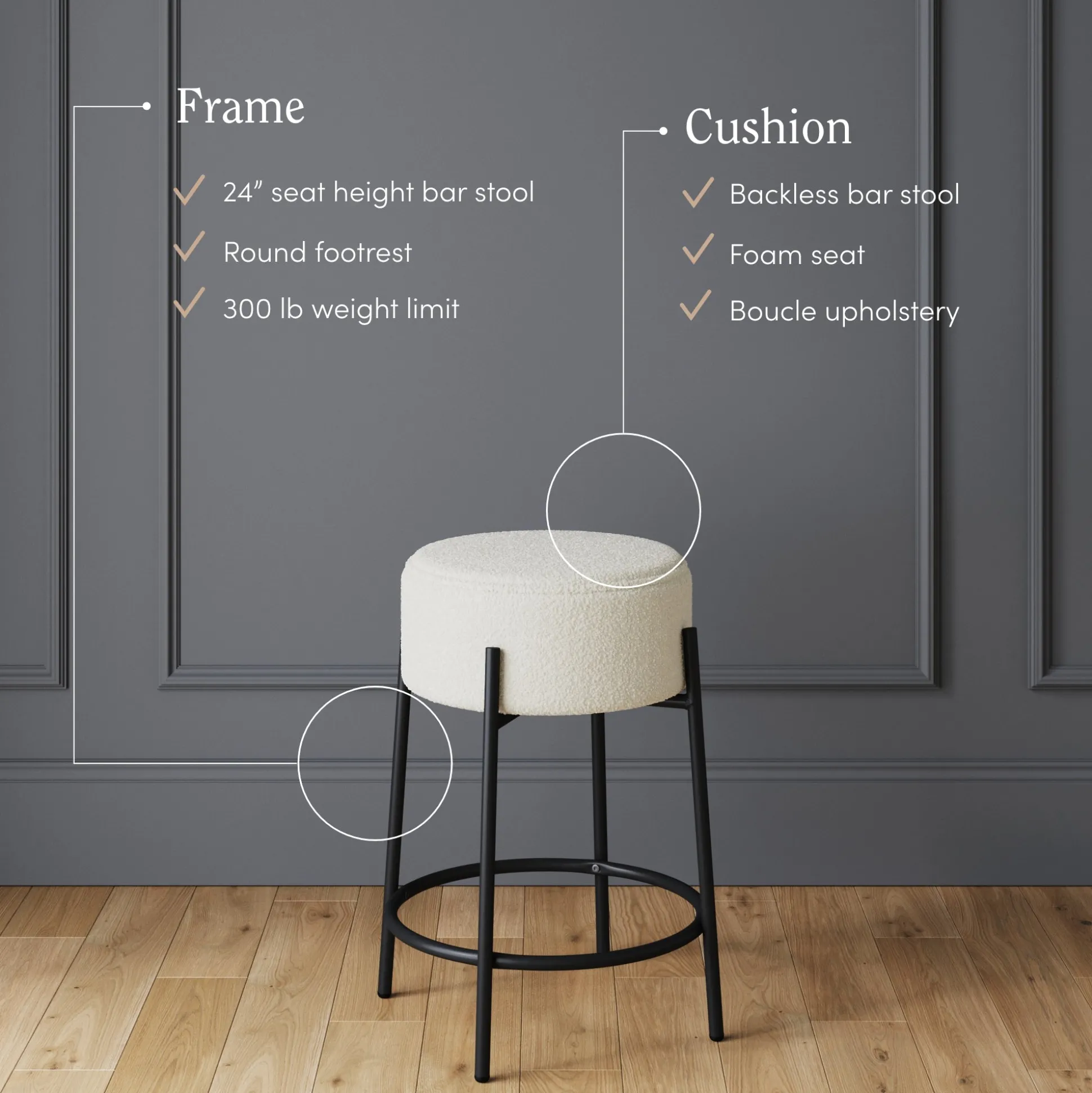 Round Boucle Backless Counter Height Bar Stools (Set of 2)