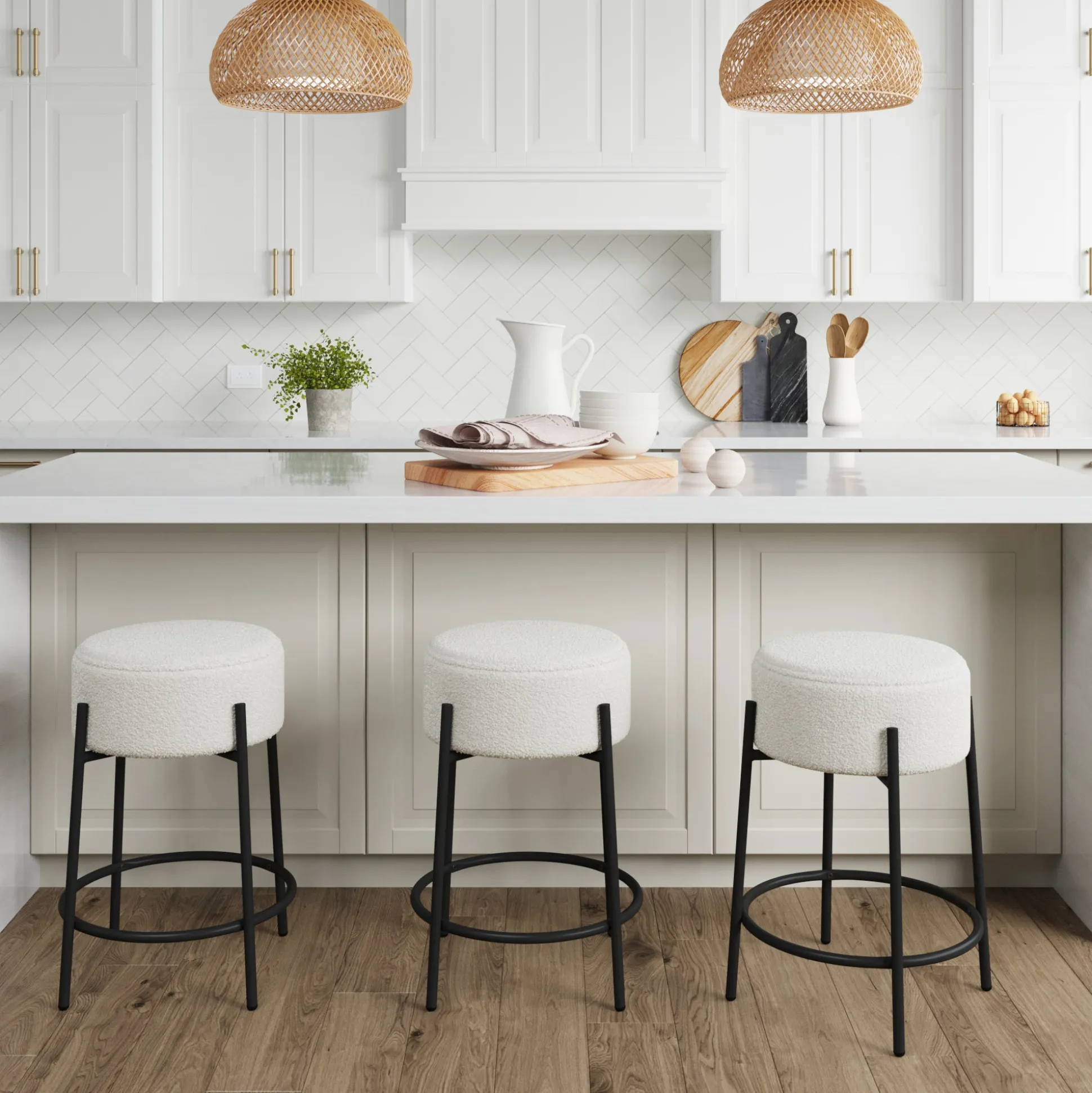 Round Boucle Backless Counter Height Bar Stools (Set of 3)