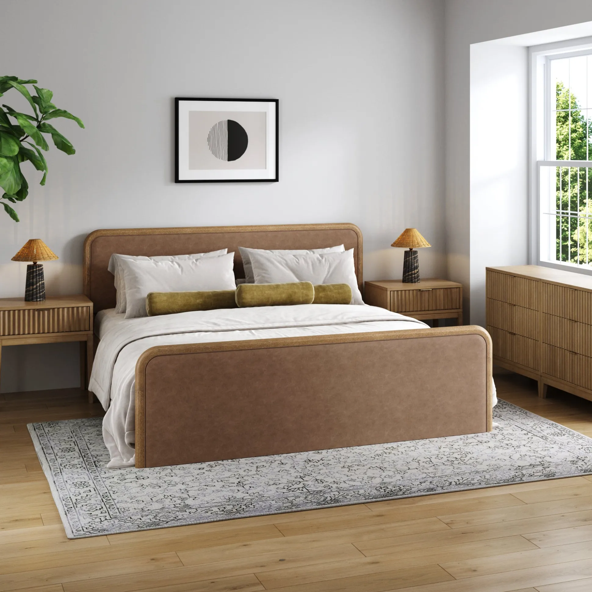Rounded Faux Leather King Bedroom Set with 2 Fluted Dressers and 2 Nightstands Set Light Brown