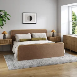 Rounded Faux Leather King Bedroom Set with 2 Fluted Dressers and 2 Nightstands Set Light Brown