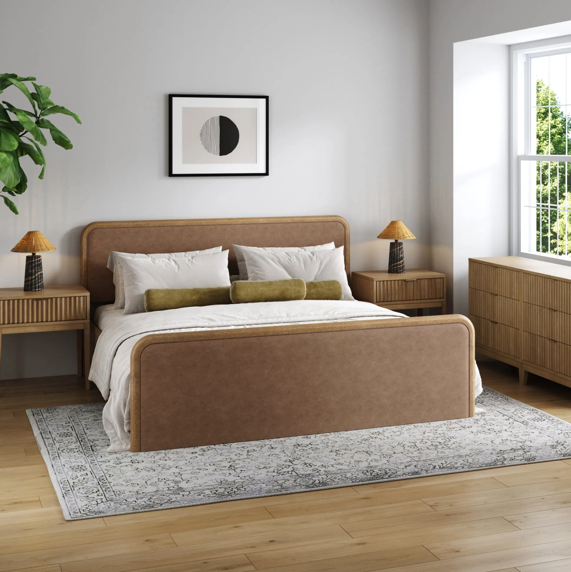 Rounded Faux Leather King Bedroom Set with 2 Fluted Dressers and 2 Nightstands Set Light Brown