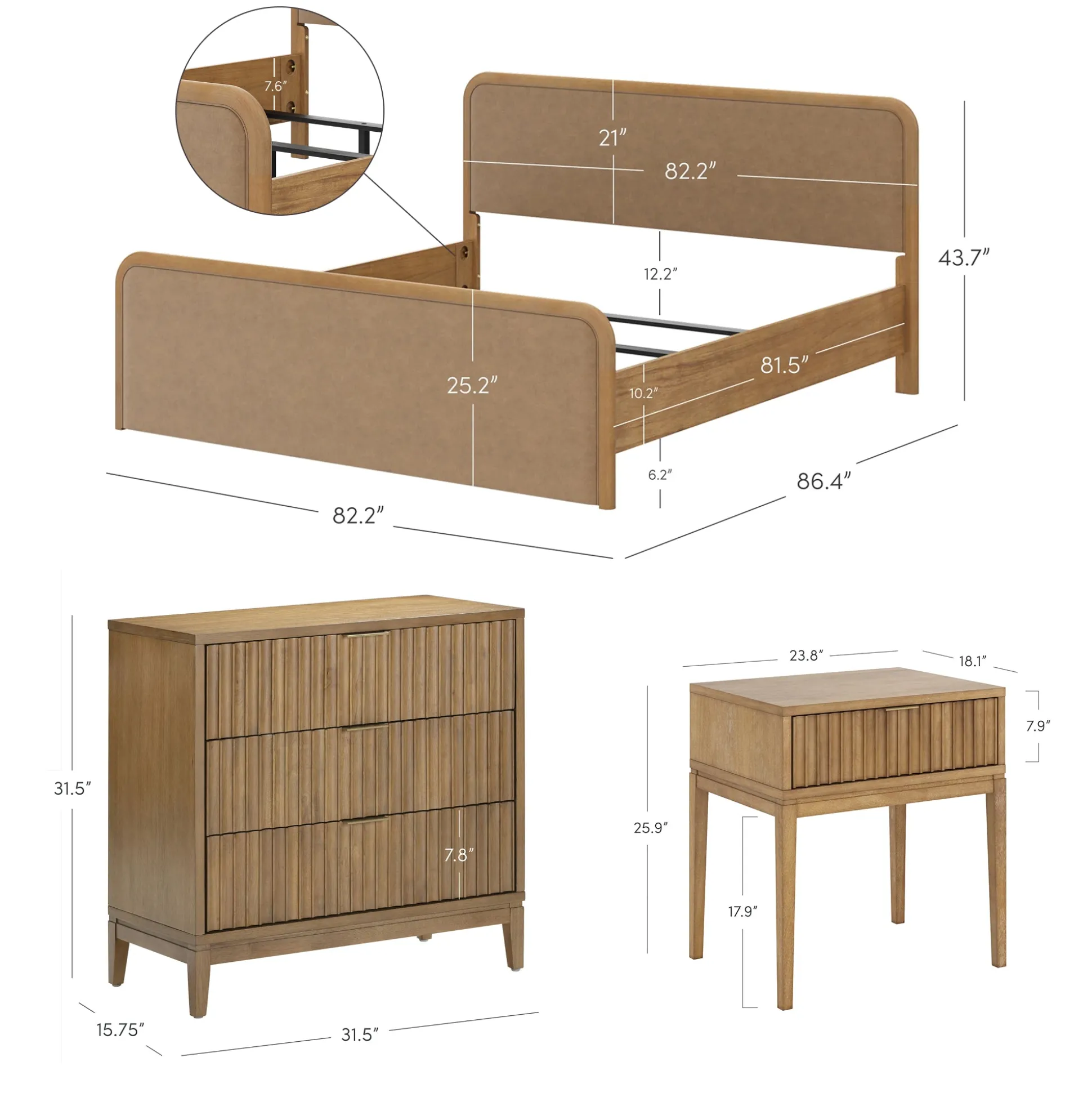 Rounded Faux Leather King Bedroom Set with 2 Fluted Dressers and 2 Nightstands Set Light Brown